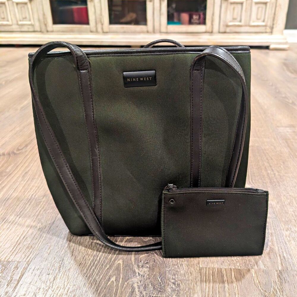 Nine West Olive Green Neoprene Tote Bag Shoulder Purse & Matching Pouch Set Vtg